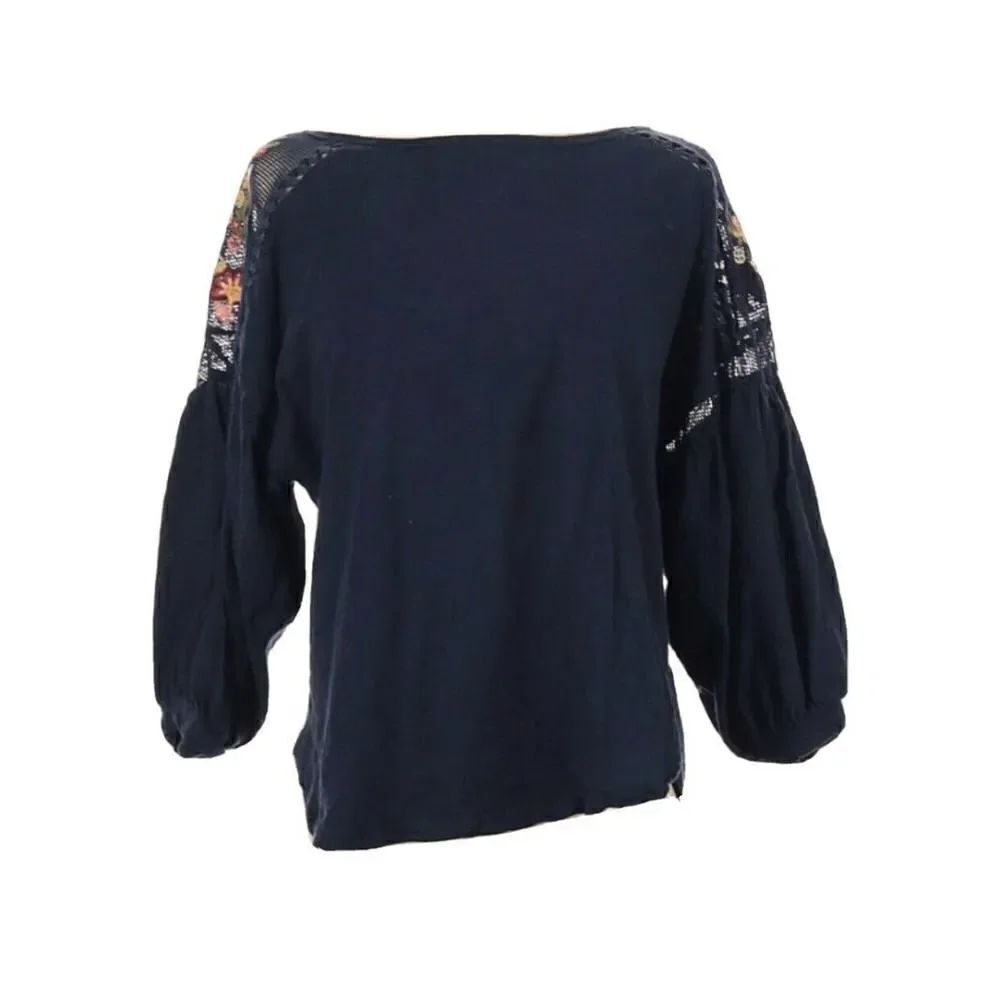 Navy Blue Embroidered Top Balloon Sleeve XS
